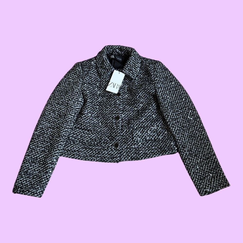 Zara Tweed Blazer Coat Womens Size Small Black White Sequins Shimmer